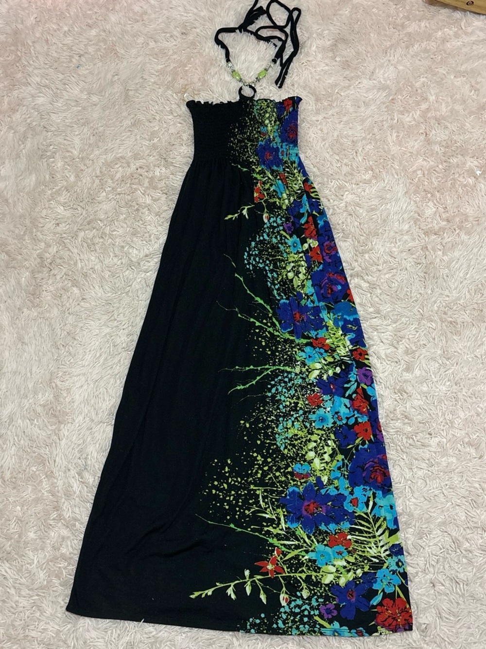 Planet Gold Y2K Floral Beaded Halter Neck Maxi Dress size small